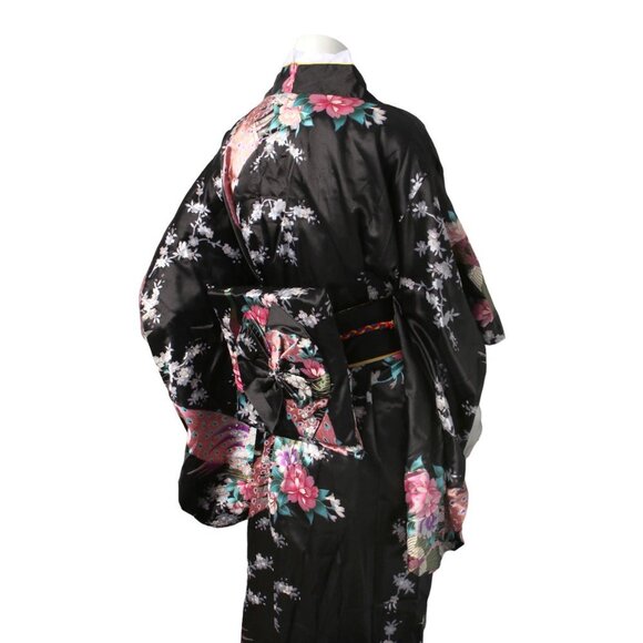 Satin Kimono Floral Japanese Style Dress Flower Peacock Belt Black Pink Blue NEW - Picture 13 of 14